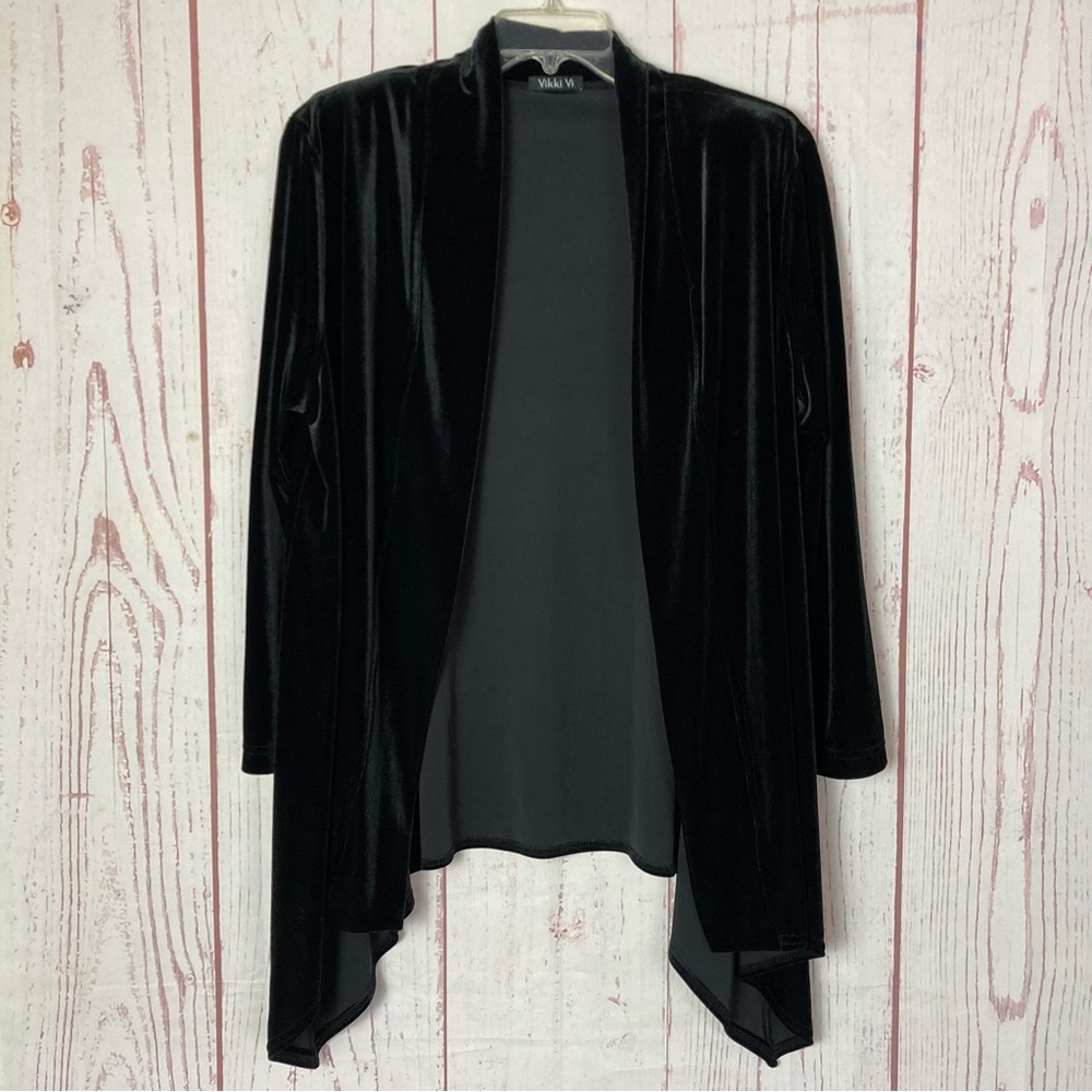 Vikki Vi Vintage 1X Cardigan Black Open Front Slinky Stretch USA Velour Duster